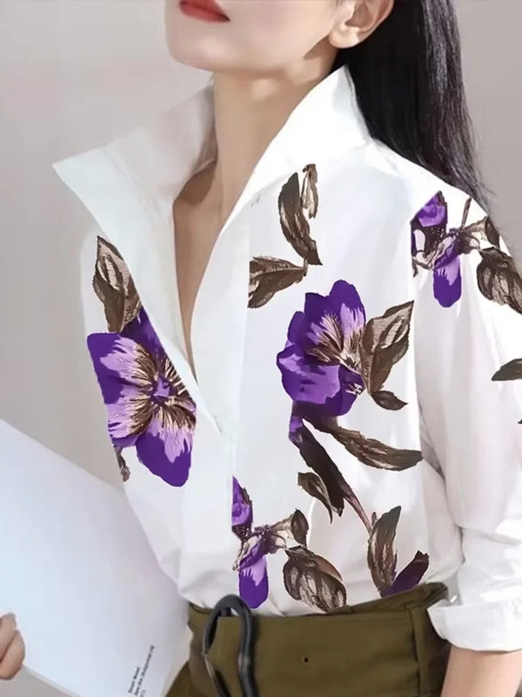 Modigirl 2025 Summer Spring Casual White Shirts for Women Long Sleeves Urban Elegant Stand Collar Woman Flower Print Blouse Tops - Matrix-studios.com