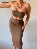 Hugcitar Women Elegant 2 Pcs Sets Strapless Sexy Tube Crop Tank Top Maxi Skirt 2025 Summer Women Casual Clothes Party Festival - Matrix-studios.com