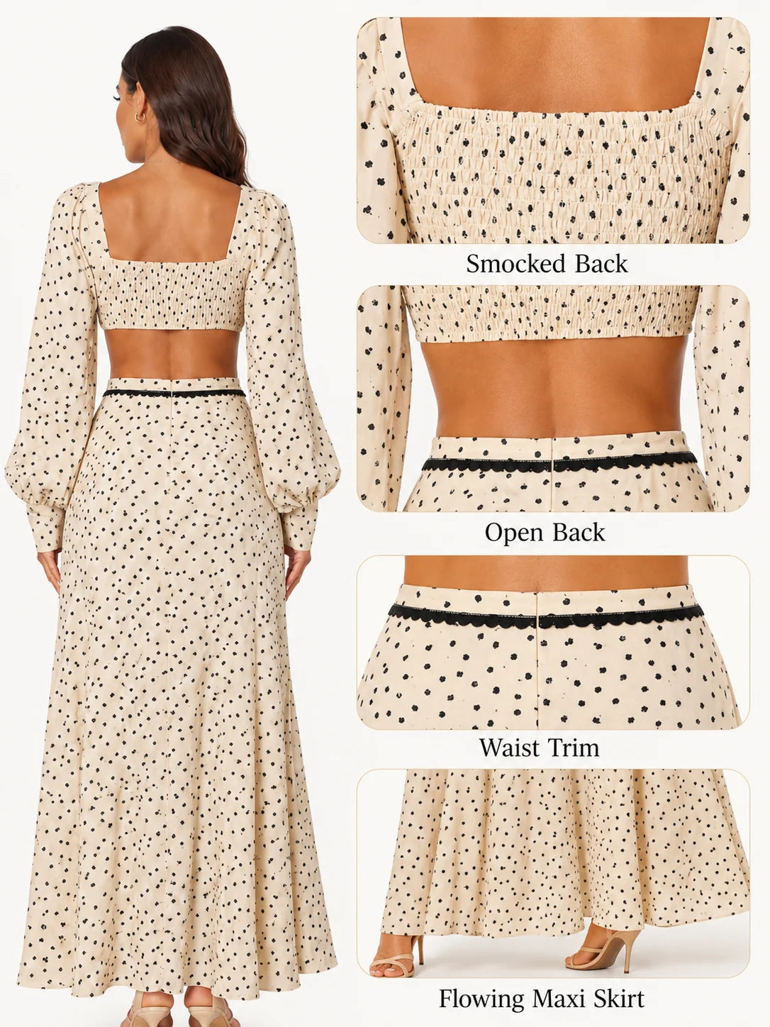 Women 2 Piece Boho Matching Sets, Integrated Puff Long Sleeve Cutout Back Tie‑Front Crop Top & High Waist Flowy Polka Dot Maxi Skirt, Summer Beach Vacation Co‑Ord Outfits - Matrix-studios.com