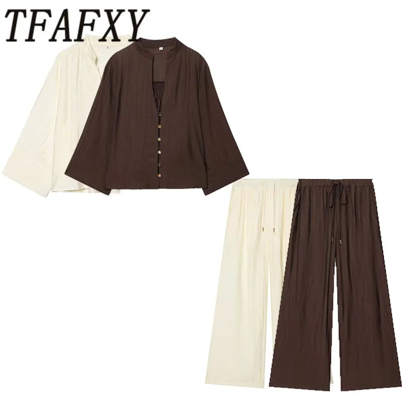 TFAFXY 2026 Sprinf Women Sets Wrist Sleeve Patchwork Loose V-neck Shirt Oversize Blouse Wide Leg Pants Suits Outfits - Matrix-studios.com