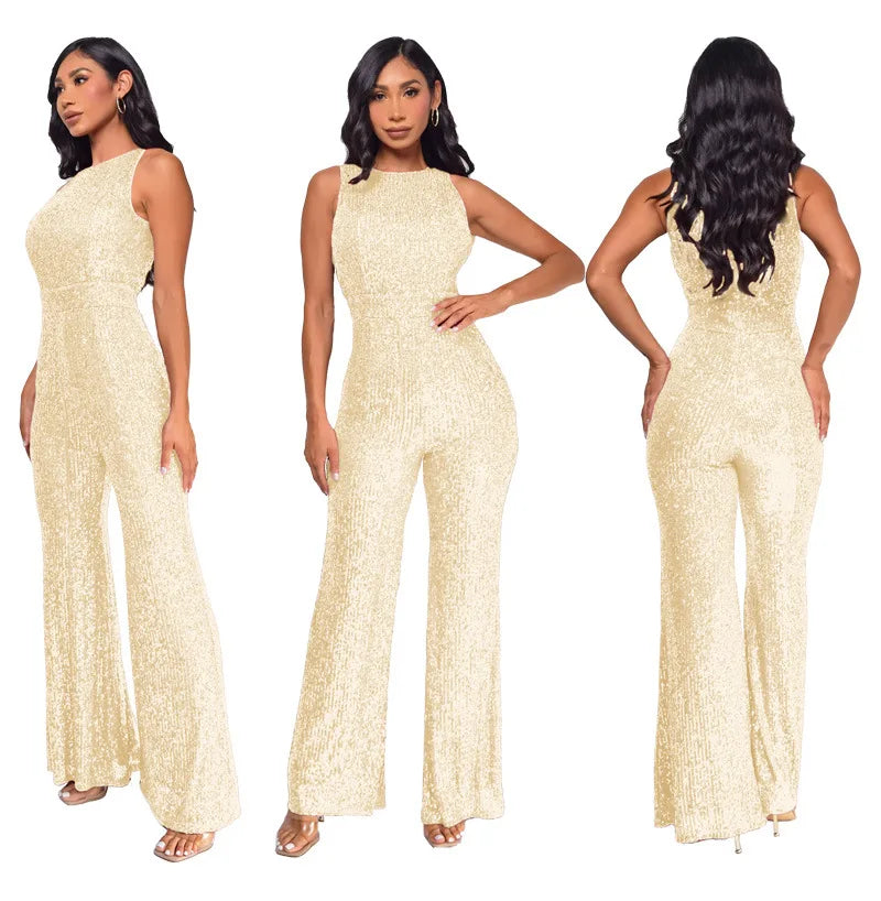 Bling Bling Sequined Club Jumpsuit Sexy Women O-neck Elegant Shiny Sliver Gold Sequins Straight Romper Overalls - Matrix Studios