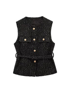 Women's Tweed Waistcoat with Belt, O Neck, Sleeveless, Front Button, Female Outerwear, Chic Tops, Fashion - Matrix Studios