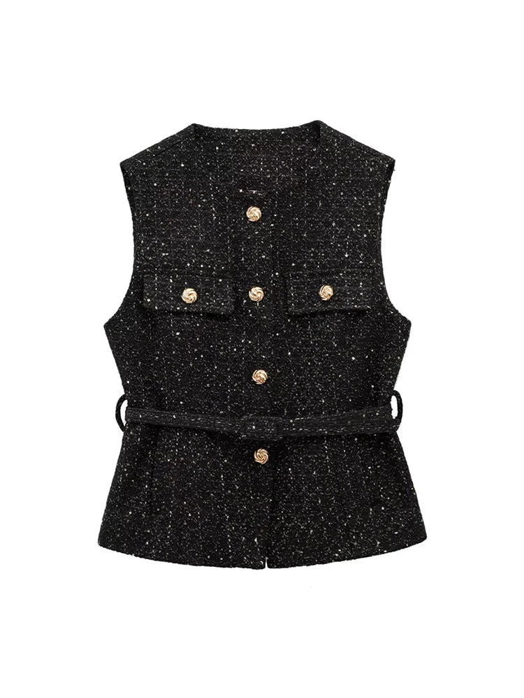 Women's Tweed Waistcoat with Belt, O Neck, Sleeveless, Front Button, Female Outerwear, Chic Tops, Fashion - Matrix Studios