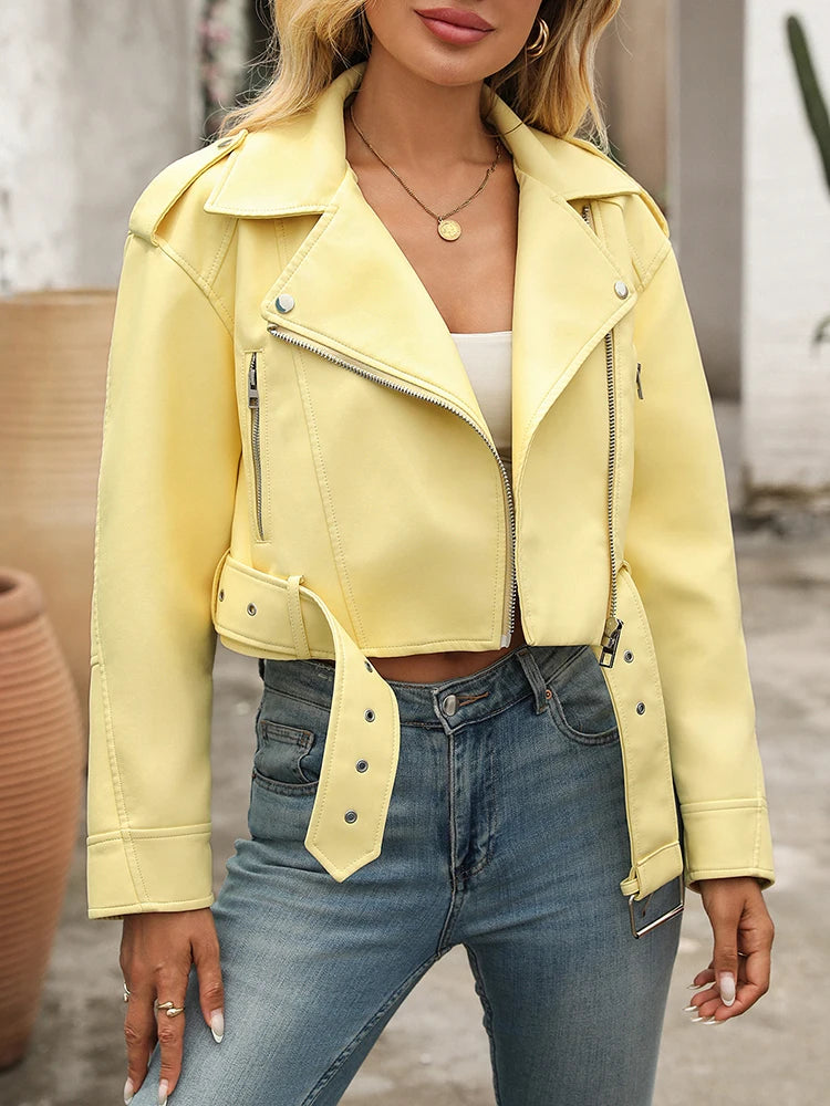 Ailegogo Spring Autumn Women Faux Pu Leather Short Jacket with Belt Motorcycle Biker Female Zipper Lapel Loose Coat Outwear - Matrix Studios