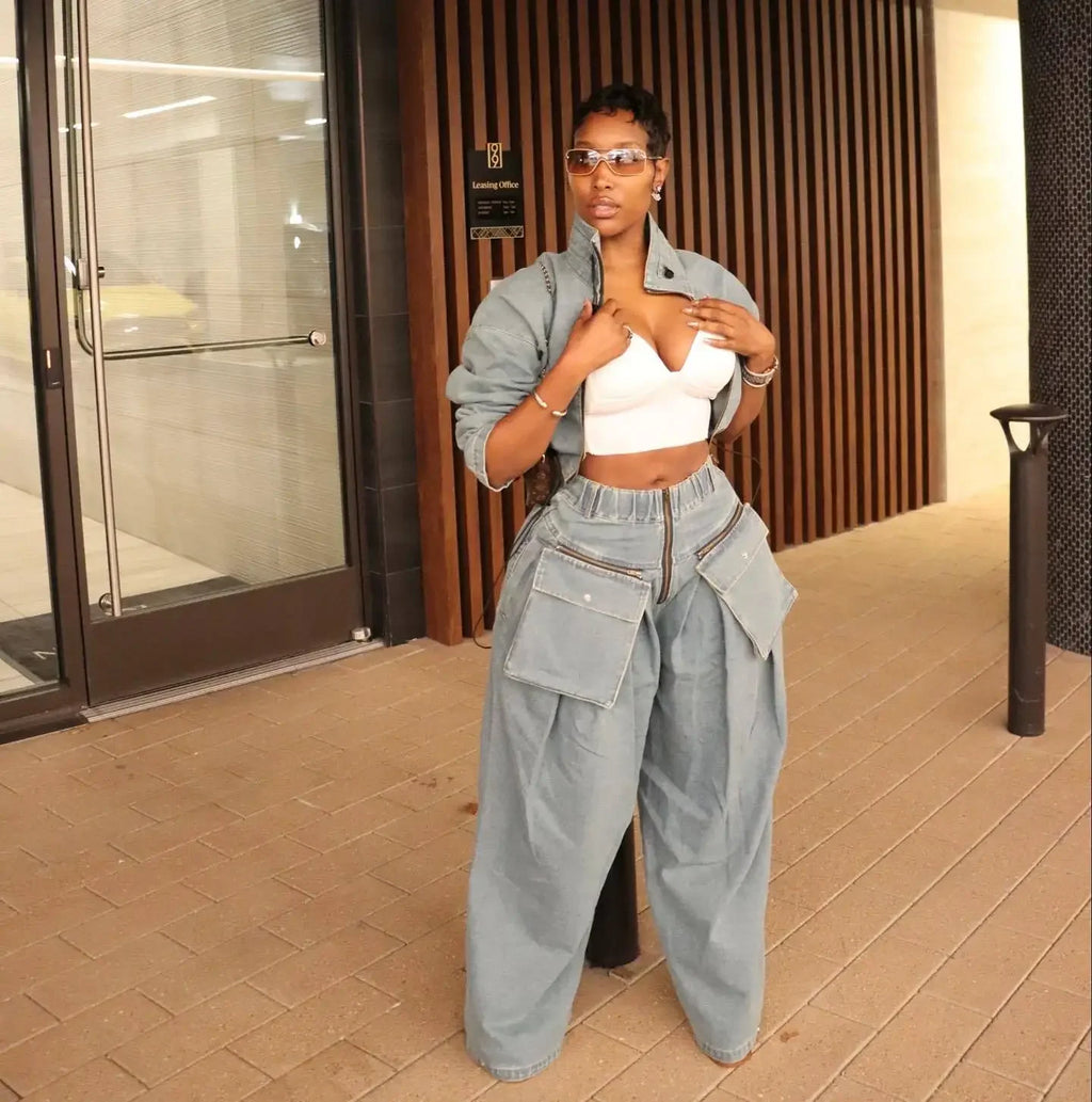 Denim Two Piece Sets Women Coat Jacket Wide Leg Pants Jeans Suits Matching Sets Trousers Outfits 2025 Y2k Streetwear Party - Matrix-studios.com
