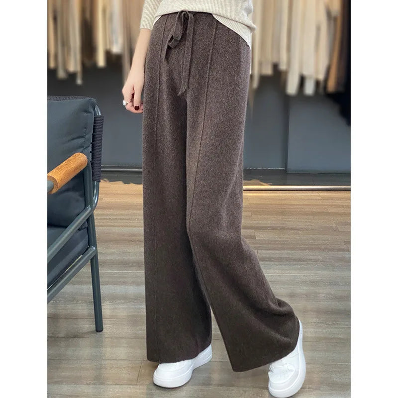 Light Luxury Cashmere Knit Wide Leg Pants Autumn and Winter Women's Fashion Loose Fit Plush Simple Casual Woolen Knit  Pants