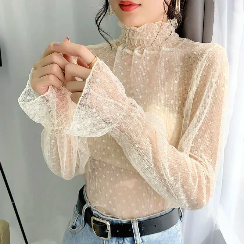 Women Elegant High Neck Polka Dot Blouse Mesh Lace Stitching Puff Long Sleeve Shirt Slim Fit Office Ladies Fashion Daily Tops - Matrix-studios.com