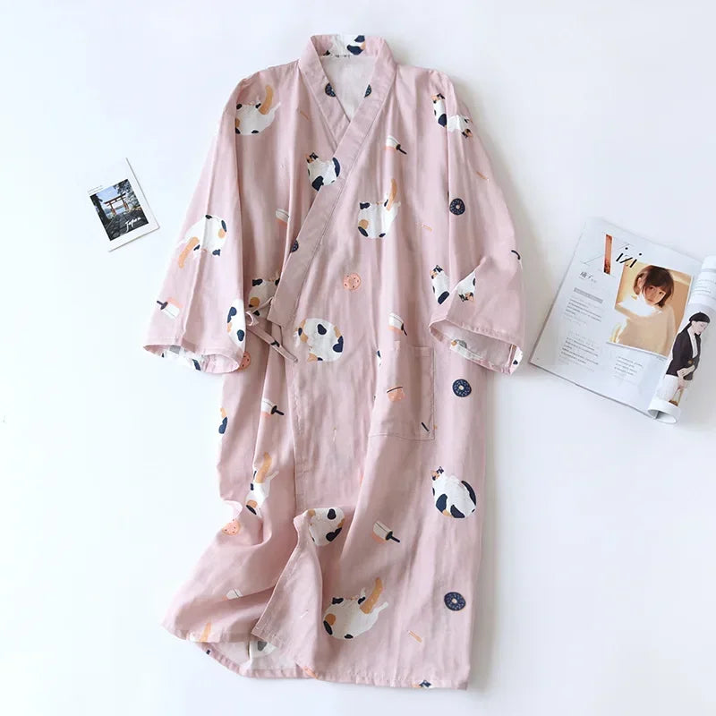 Japanese-style Kimono Pajamas Summer New 100% Cotton Gauze Pajamas Nightgown Ladies SPA Yukata Homewear Long Pajamas Women - Matrix-studios.com