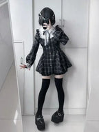 Japanese Fairy Sweet Lace Patchwork Plaid Dress Women Kawaii Grunge Ruffled Long Sleeve Dresses Y2k Aesthetic JK Lolita Vestidos - Matrix-studios.com