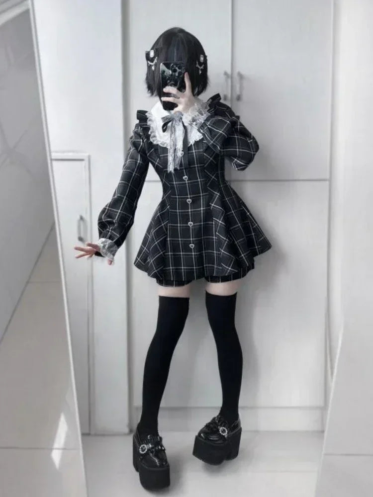 Japanese Fairy Sweet Lace Patchwork Plaid Dress Women Kawaii Grunge Ruffled Long Sleeve Dresses Y2k Aesthetic JK Lolita Vestidos - Matrix-studios.com