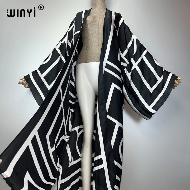 WINYI NEW geometric print Kimonos african dresses for woman Cardigans beach outfits kaftan cover up evening dress loose coat - Matrix Studios