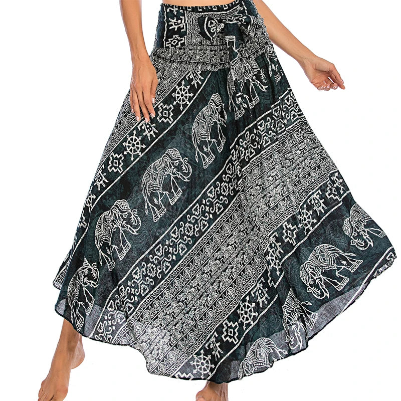 Boho Skirts Women Rayon Beach Long Dress Summer Bohemian Jupe Longue Femme Elastic Waist Print Floral Bandage Halter Hippie - Matrix Studios