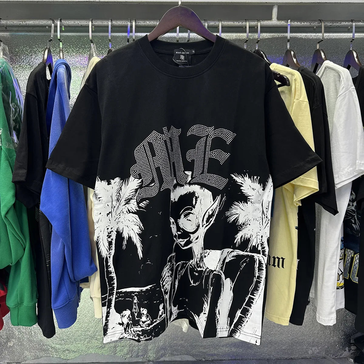 MIXED EMOTION Shirt Rhinestone Short Sleeve Men Women T-shirt Streetwear 100% Cotton Loose Round Neck Top Tees Oversized Tee Top - Matrix Studios