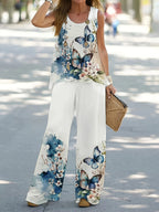 Simple Sleeveless Printed Vest Long Pants Set Women Summer Fashion Round Neck Casual T-Shirt Top Loose Pants Suit Clothes - Matrix-studios.com