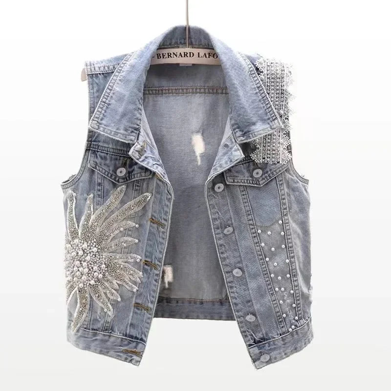fashion Lace Beaded Denim Vest Women Cardigan 2026 New spring  Sleeveless Jacket Fashion Loose Vintage jeans Waistcoat tide R359 - Matrix Studios