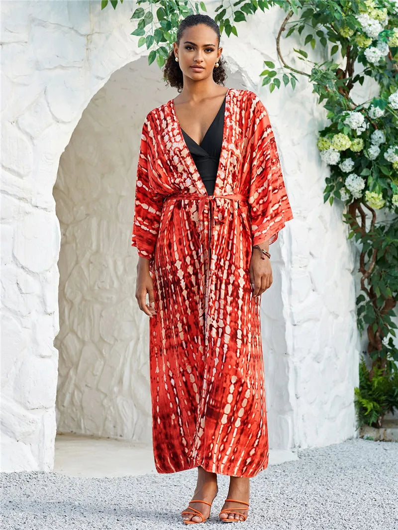 Long Kimono Swimsuit Cover up for Women Stylish Tie Dye Open Front Beach Outfits Bathing Suit - Matrix Studios