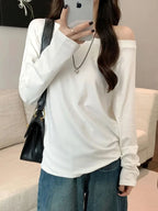 Oversize Off Shoulder Long Sleeve T Shirt Women Solid Color Casual Tops Lady Spring Autumn Basic Tees Korean Style Youth Blouses - Matrix-studios.com