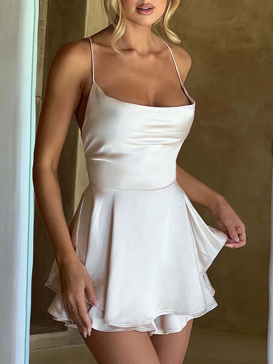 Women Sleeveless Satin Playsuits Fashion Summer Short Sling Backless Jumpsuits Cross Tie-Up Bandage Romper Streetwear Outfit - Matrix Studios