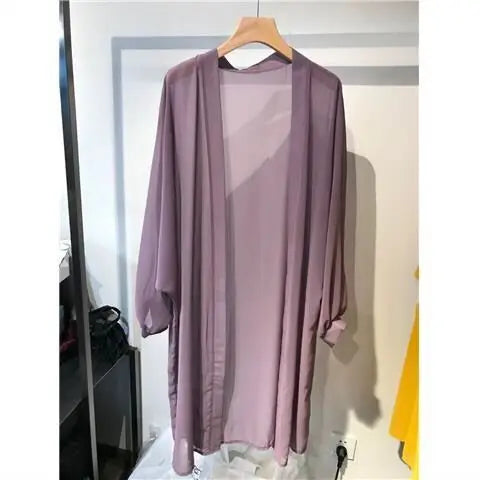 Beach Vacation Summer Women Long Cover-Ups Korean Fashion Casual New Loose Sunscreen Shawl Oversized Solid Chiffon Cardigan Tops - Matrix Studios