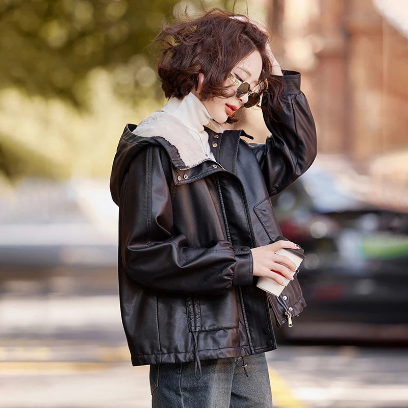 Plus Velvet Thickened Warm Leather Parka Autumn Winter New Chic Casual Loose Fur One-Piece Hooded Jacket Women's Outwear - Matrix Studios