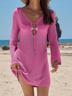 Women Beach Cover Up Solid Color Tie-Up Front Hollow-Out Summer Swimsuit Coverup Bathing Suit Mini Beach Dresses - Matrix Studios