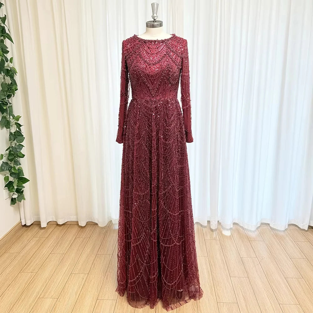 Mina Customized Beads Luxurious Women's Evening Dresses for Formal Occasions Sequins. Long Sleeves Round Neck Luxury Party Dress - Matrix-studios.com