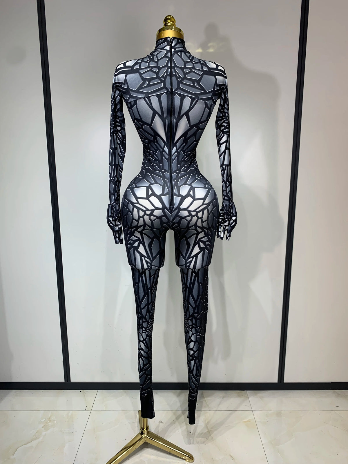 Women Sexy Black Rhinestone Stretch Bodycon Jumpsuit Club Evening Party Birthday Wear Singer Dancer Stage Perform Costume - Matrix Studios