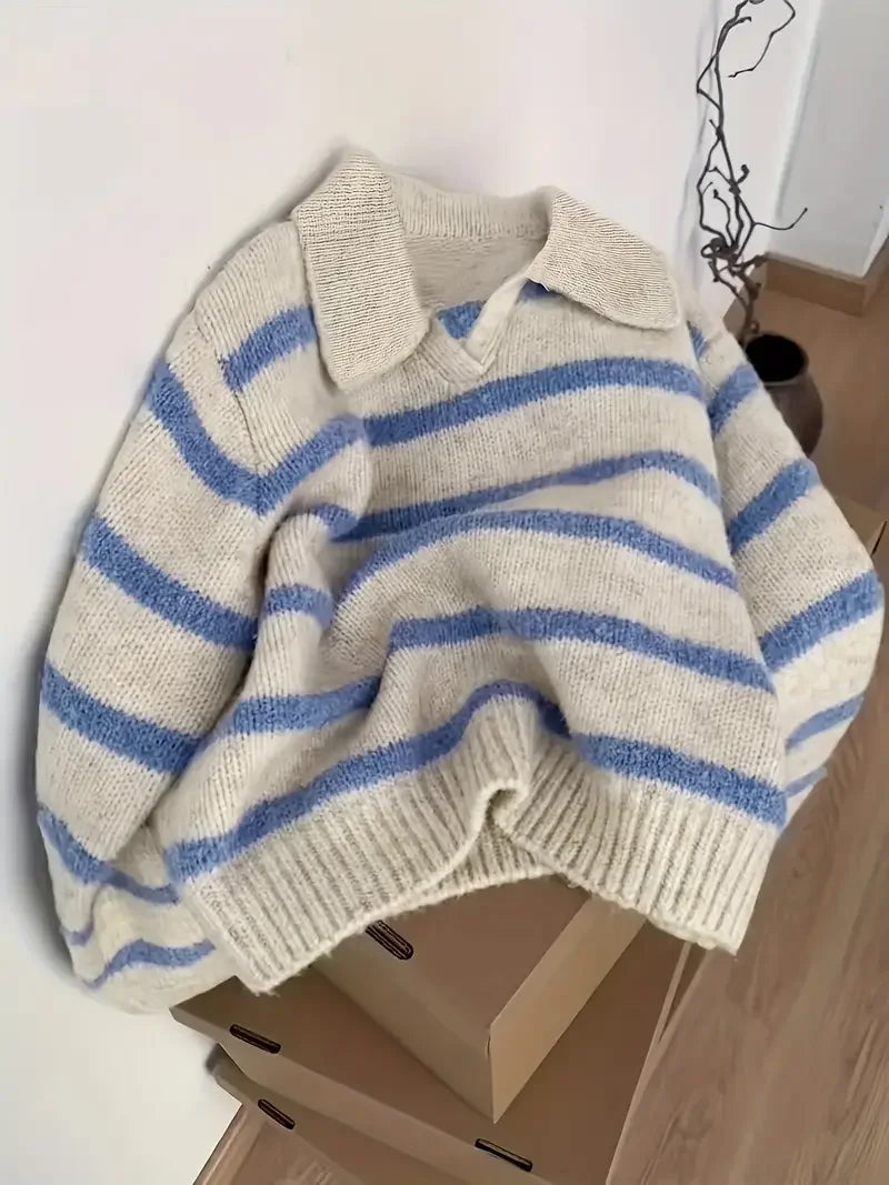 Women's Fashion Casual POLO Collar Striped Knitted Hoodie Soft and Comfortable Intercolor Sweater - Matrix Studios