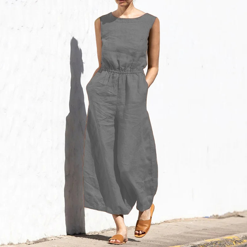 Cotton And Linen Jumpsuit Women Solid Color Sleeveless Pocket High Waist Wide Legs Jumpsuits Casual Commuting Ladies Bodysuits - Matrix Studios