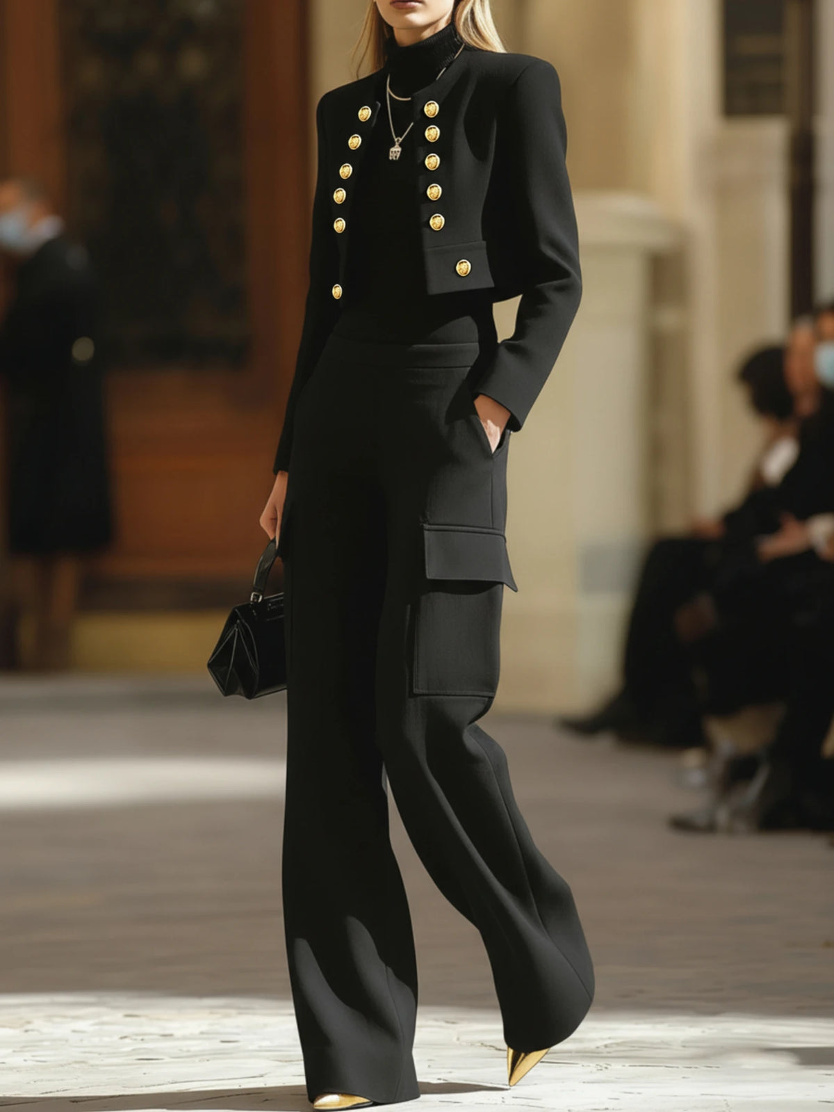 Gold Button Stand Collar Cropped Jacket And High Waist Cargo Wide Leg Pants Two Piece Matching Suit For Women Fashion Daily Office Outfit Set - Matrix-studios.com