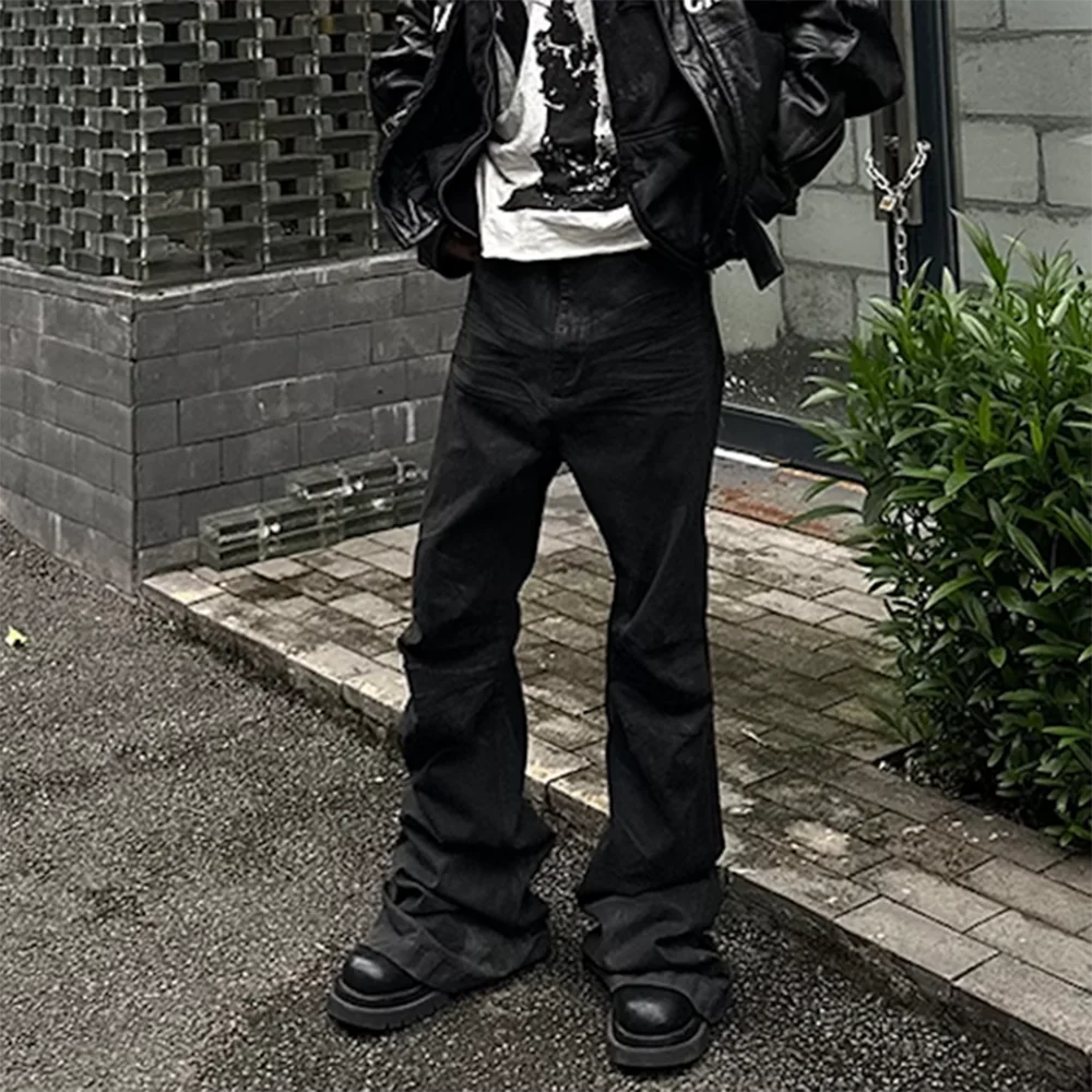 Streetwear Black Glue Coated Boot Cut for Men and Women Straight Baggy Casual Flare Pants Oversized Loose Denim Trousers - Matrix Studios