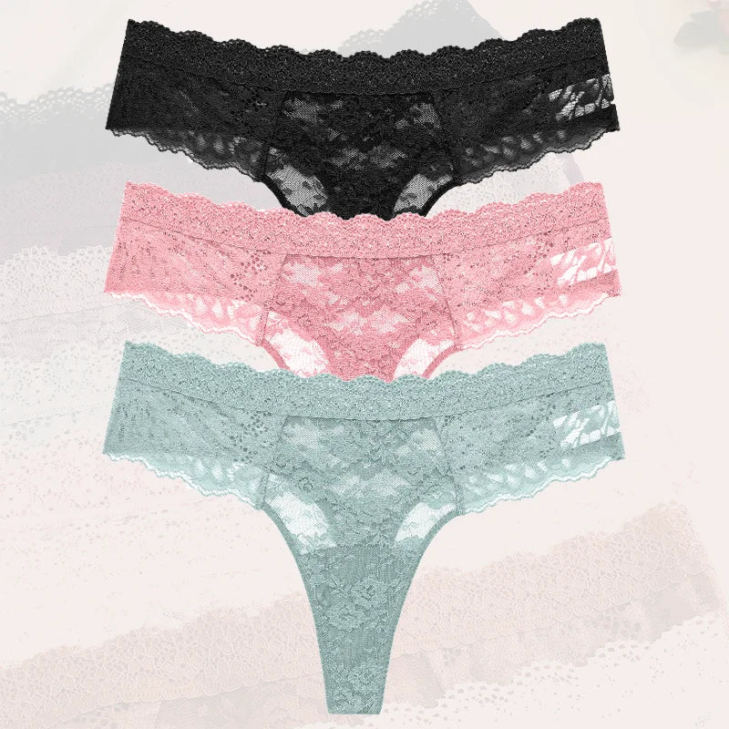 3Pcs Lace Sexy Thongs Women Low-Rise Briefs Sexy Soft Ladies Underwear Trendy Floral Underpants Female Flowery Panty Lingerie - Matrix Studios