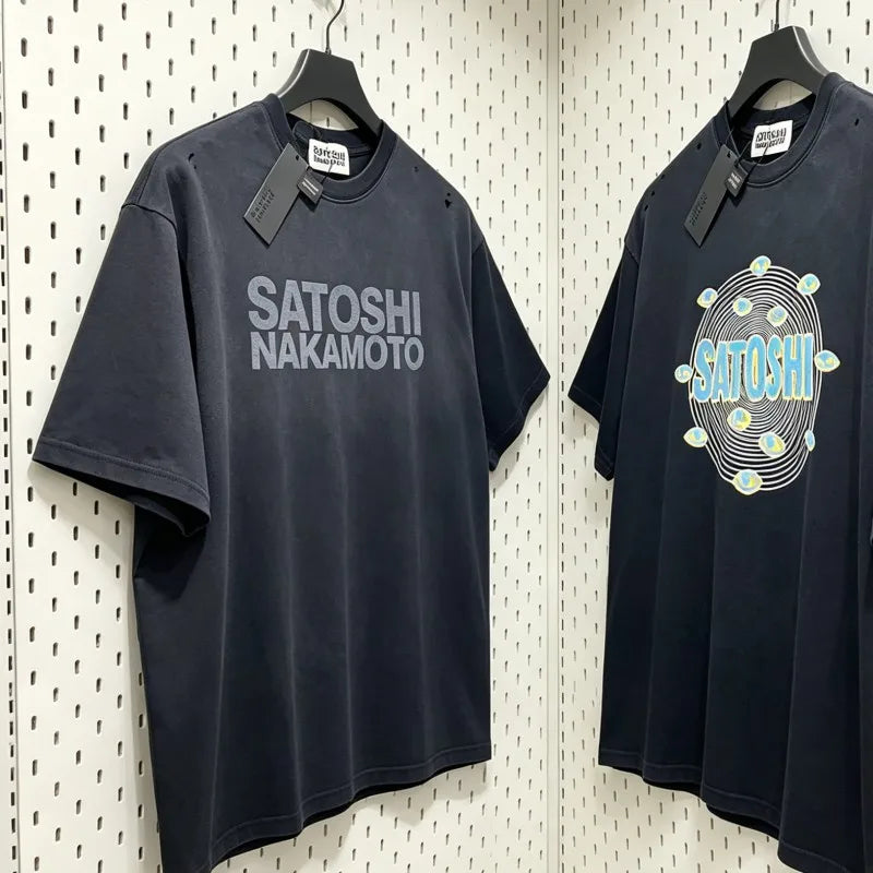 Classic Letter Print Summer Basics Tees Cotton SATOSHI Tshirt Hiphop Street Washed Black Holes Round Neck Short Sleeve Men Women - Matrix-studios.com