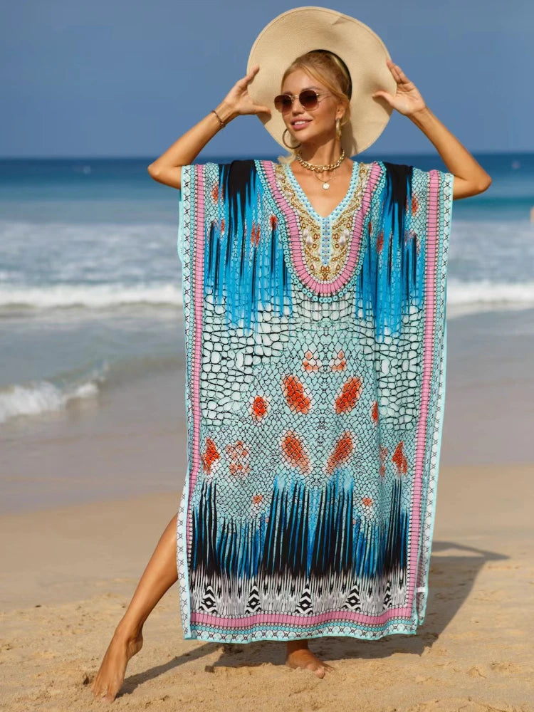Kaftan Dresses Tropical Printed Cover Ups for Swimwear Women Elegant Maxi Robe Holiday Bathing Suits Dropshipping Hot Sales - Matrix Studios