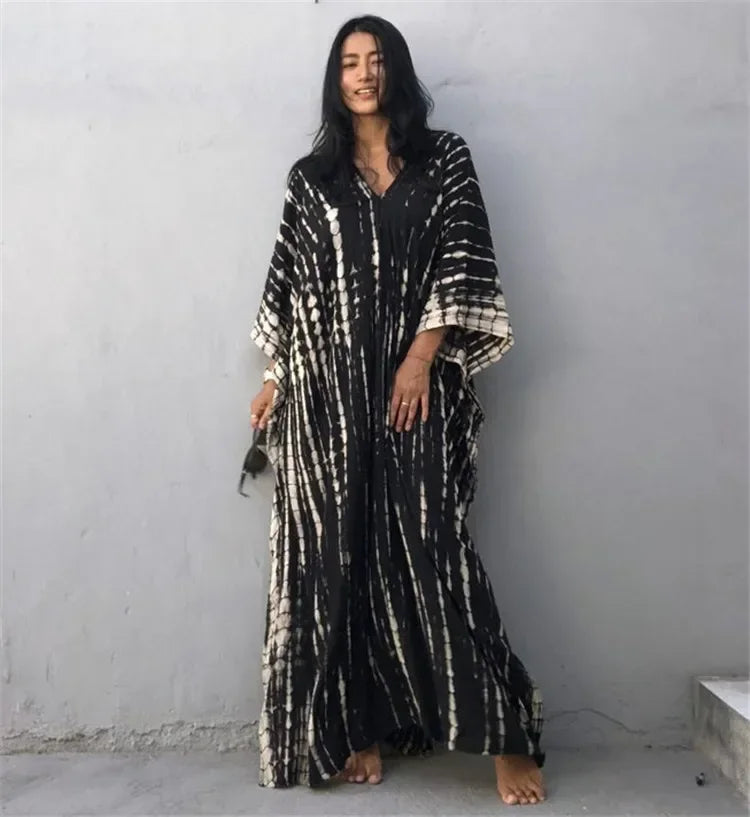 2026 Summer Bohemian Striped Print Women Beach Dress Bathing Suit Cover Up Summer Tunic for Woman Beachwear Robe De Plage Kaftan - Matrix Studios