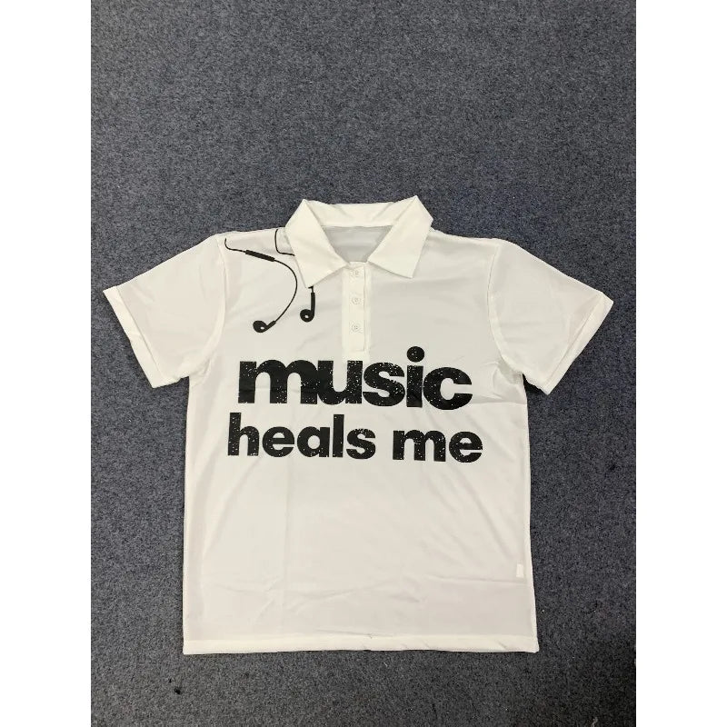 Casual Sports Simple Fashion Polo Collar Top Commuter Versatile Summer Letter Printed Short Sleeve Y2K American T-shirt - Matrix-studios.com