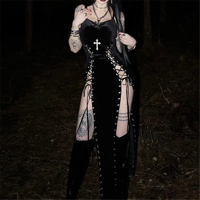 Goth Dark Punk Grunge High Split Hem Straps Dess 90s Streetwear Gown Women Sexy Corn Bandage Velvet Dresses Mall Gothic Clothing - Matrix-studios.com