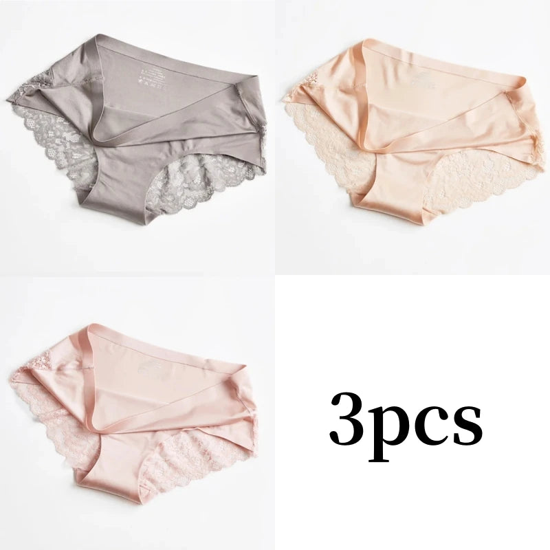 3pcs Lace Women's Panties French Seamless Underwear Female Ice Silk Briefs Solid Color Breathable Underpants Lingerie - Matrix Studios