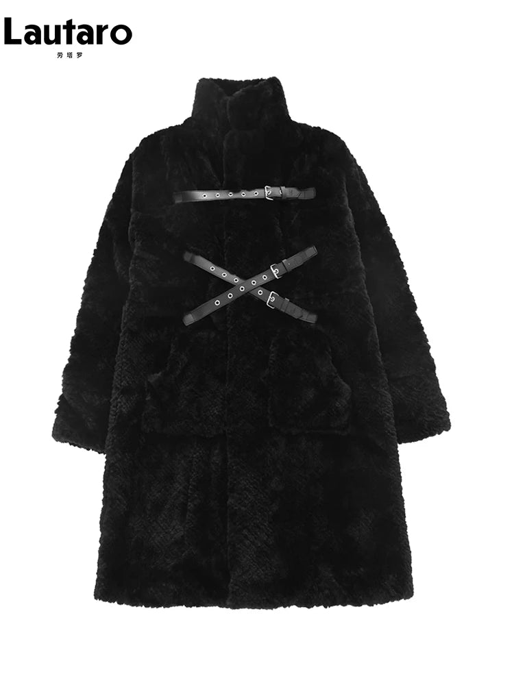 Lautaro Winter Cool Long Loose Casual Soft Thick Warm Black Fuzzy Faux Fur Coat Women Stand Collar Punk Style Fluffy Jacket 2023 - Matrix Studios