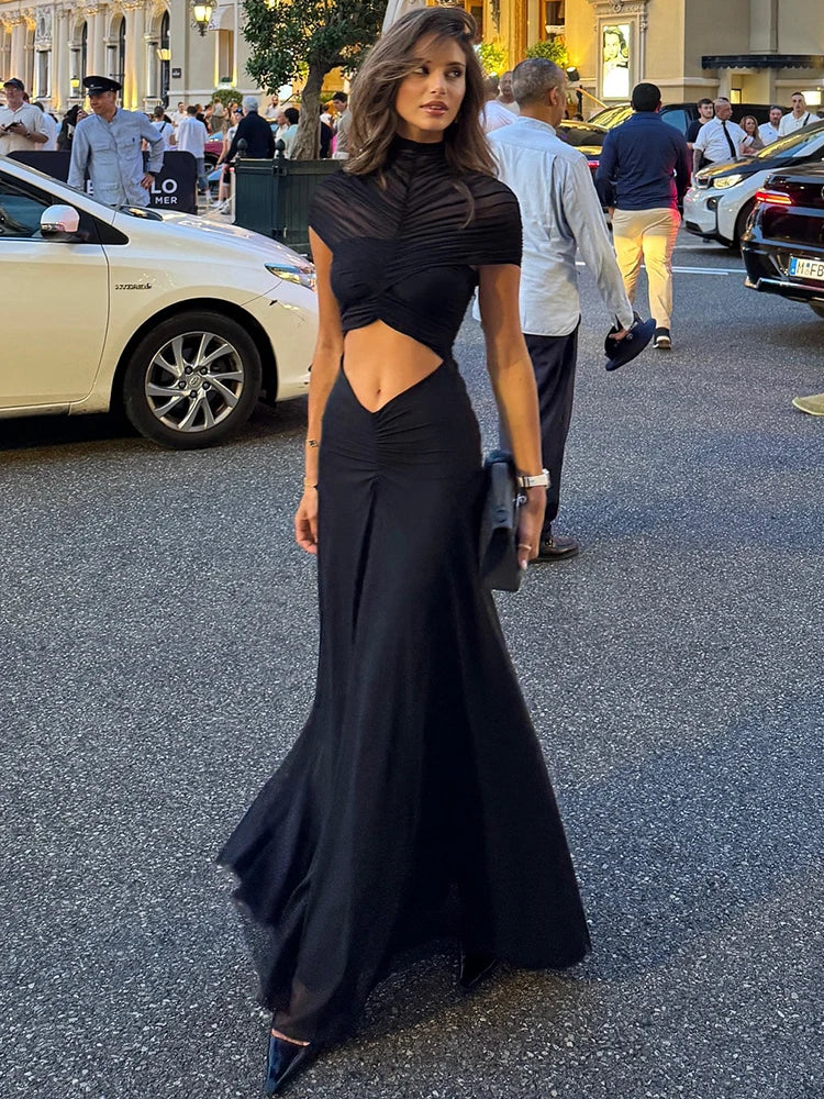 Mozision Hollow Out Short Sleeve Sexy Maxi Dress Women Fashion O Neck Ruched High Waist Bodycon Club Party Long Dress Female - Matrix-studios.com