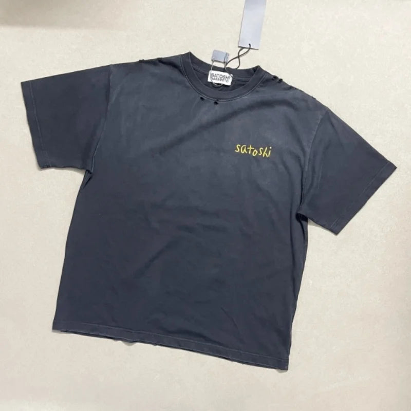 Good Quality Damaged Hole Oversized Tee Logo Embroidery Satoshi T-Shirt Washed Brown Black T Shirt Man - Matrix-studios.com