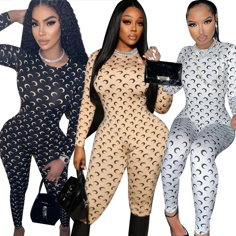 Retro Jumpsuit Women Sexy Slim Fit Moon Print Long Sleeve Tight Leggings Round Neck Versatile Casual Wear Autumn Fashion - Matrix Studios