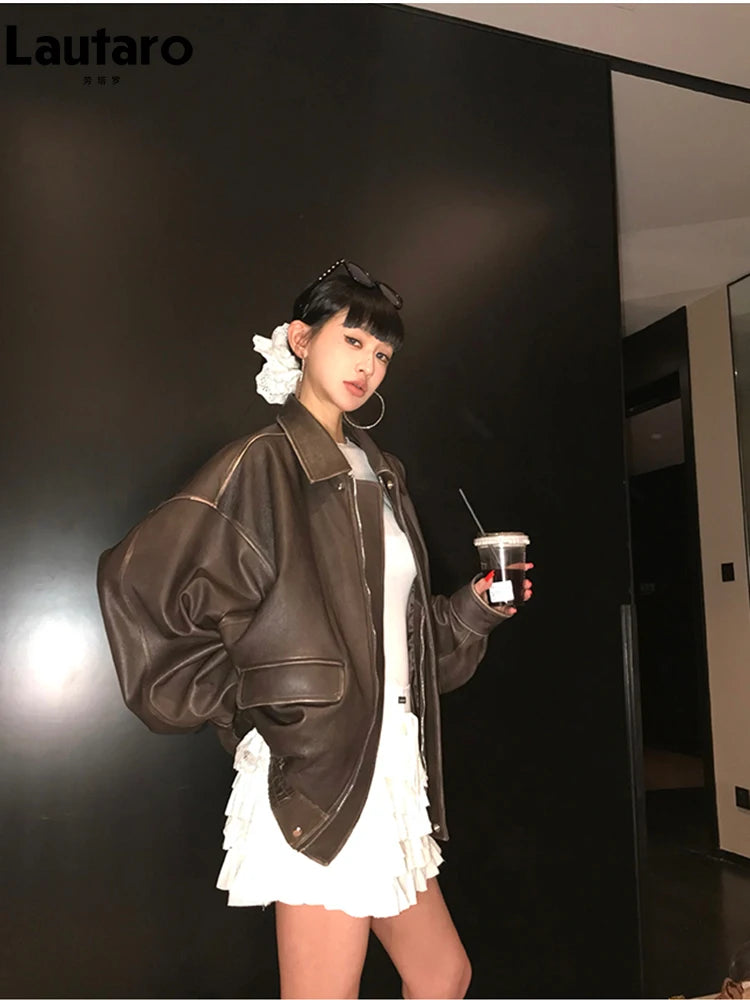 Lautaro Spring Autumn Cool Handsome Retro Oversized Distressed Brown Soft Faux Leather Jackets for Women Zipper Runway Fashion - Matrix Studios