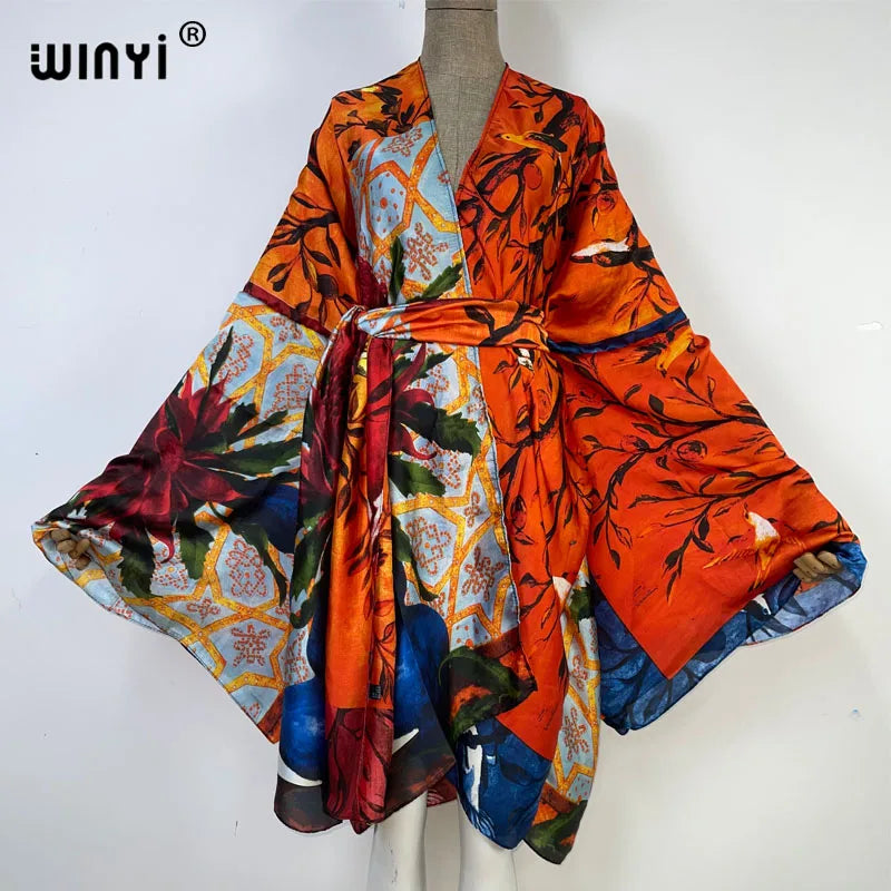 2022 WINYI Summer Beach Wear Swim Suit Cover Kaftan Sweet Lady Boho Cardigan Stitch Self Belted Sexy Holiday Long Sleeve Kimono - Matrix Studios