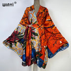 2022 WINYI Summer Beach Wear Swim Suit Cover Kaftan Sweet Lady Boho Cardigan Stitch Self Belted Sexy Holiday Long Sleeve Kimono - Matrix Studios