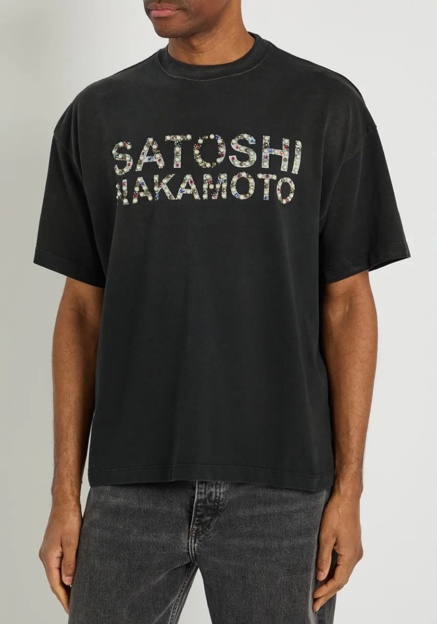 26SS Y2K High Quality American Retro Trendy Fashion Tops Satoshi Nakamoto hotfix rhinestone logo 100% cotton large size loose Men's Women's T-Shirt - Matrix-studios.com