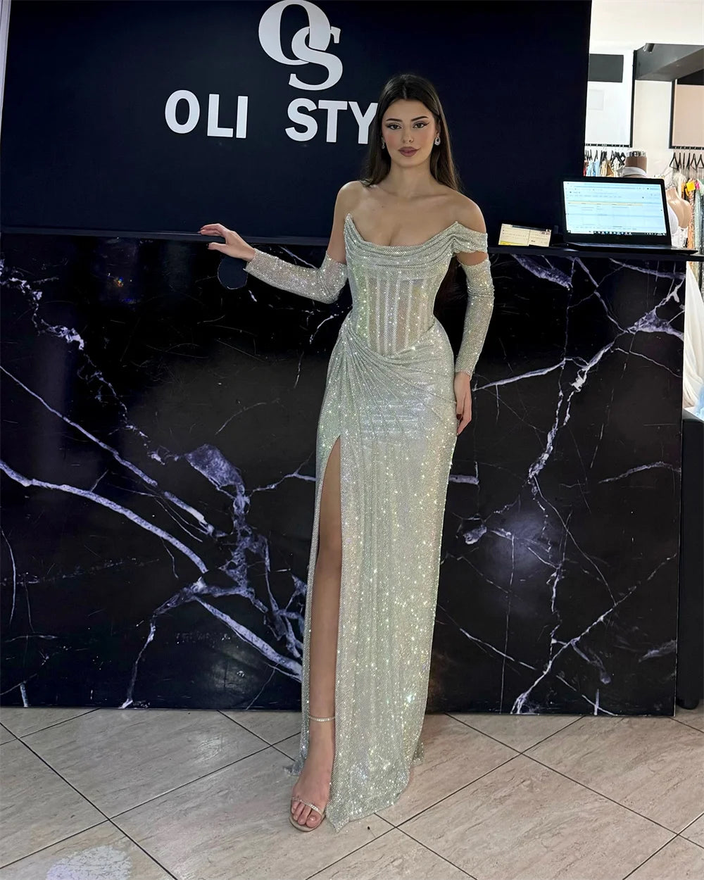 Contessa Dubai customized Silver Shiny Prom Dress With Sleeve Off Shoulder Vestidos de noche Side High Split Formal event dress - Matrix-studios.com