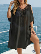 GIBSIE Plus Size Tassel Tie Backless Cold Shoulder Bikini Cover Up Women Summer Sexy See Through Holiday Boho Beach Tunic Dress - Matrix Studios
