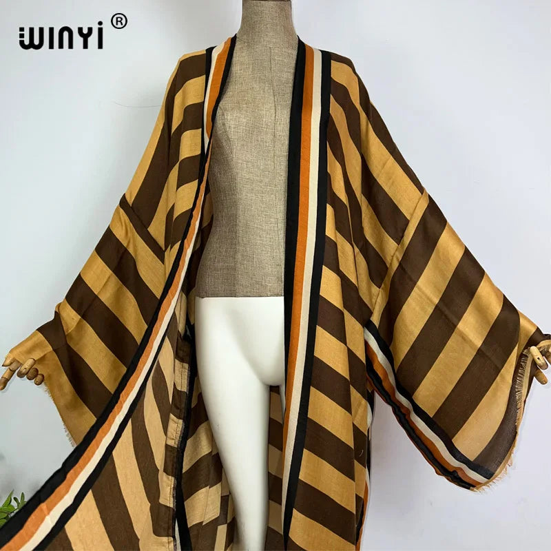 WINYI Kimono Africa Summer Boho Stripe Print Beach Swimwear Elegant Cardigan Sexy Holiday Maxi Beach Wear Swimsuit Evening Dress - Matrix Studios