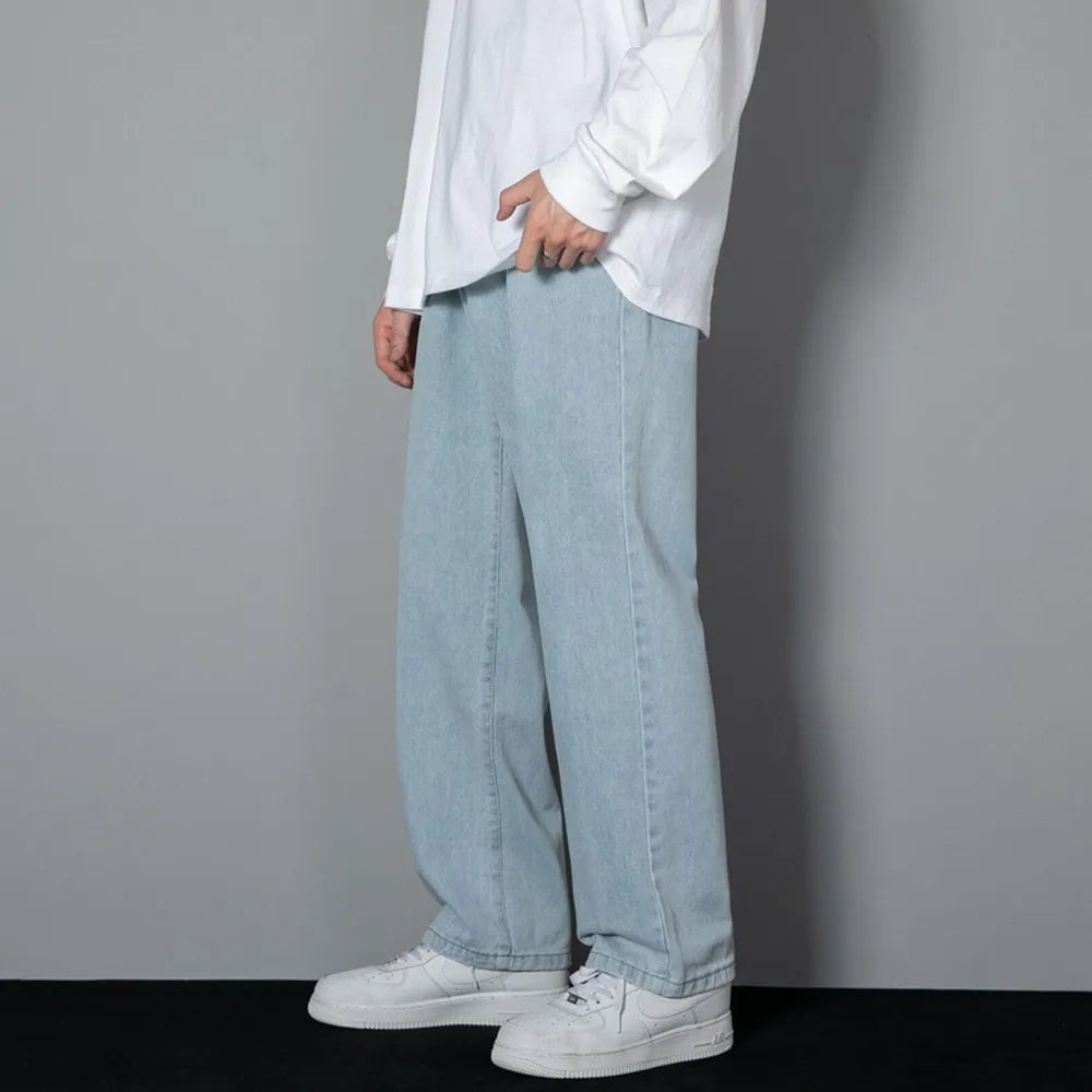 Korean Solid Colors Men's Casual Long Jeans Classic Man Four Seasons Straight Denim Wide-leg Pants Light Blue Grey Black 3XL - Matrix Studios